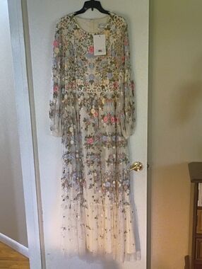 Mac Duggal Ivory Sheer Dress with Multicolor Floral Embroidery